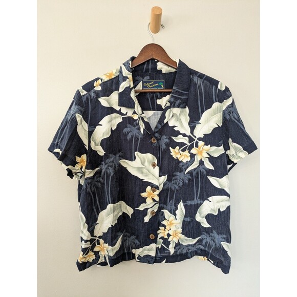 Island Traders Women's Hawaiian Shirt  Button Down Blue White Floral Aloha Large - Picture 1 of 10